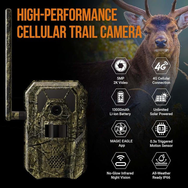 High-performance cellular trail camera with features listed, deer in the background
