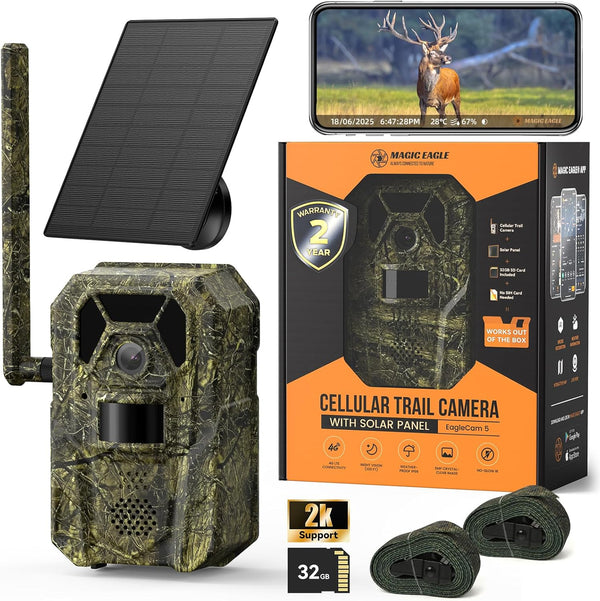Magic Eagle cellular trail camera with solar panel, packaging, and accessories on a white background