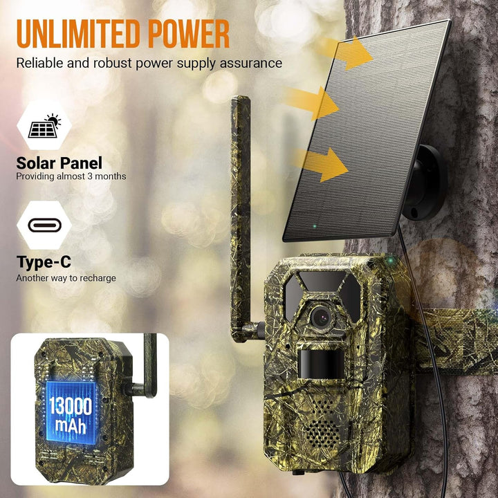 Camouflage trail camera with solar panel and power indicators on a natural background