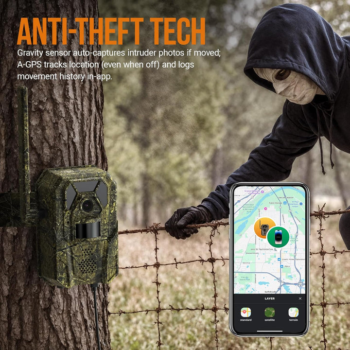 Camouflage security camera attached to a tree with a smartphone app showing location tracking on a forest background.