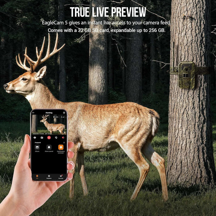 Deer in a forest with a hand holding a smartphone displaying camera feed, featuring text about EagleCam 5 camera.